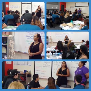 collage of female alumni speaking to students